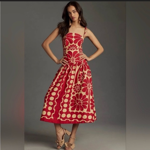 FARM Rio Red and Cream Floral Midi Dress - Picture 2 of 10